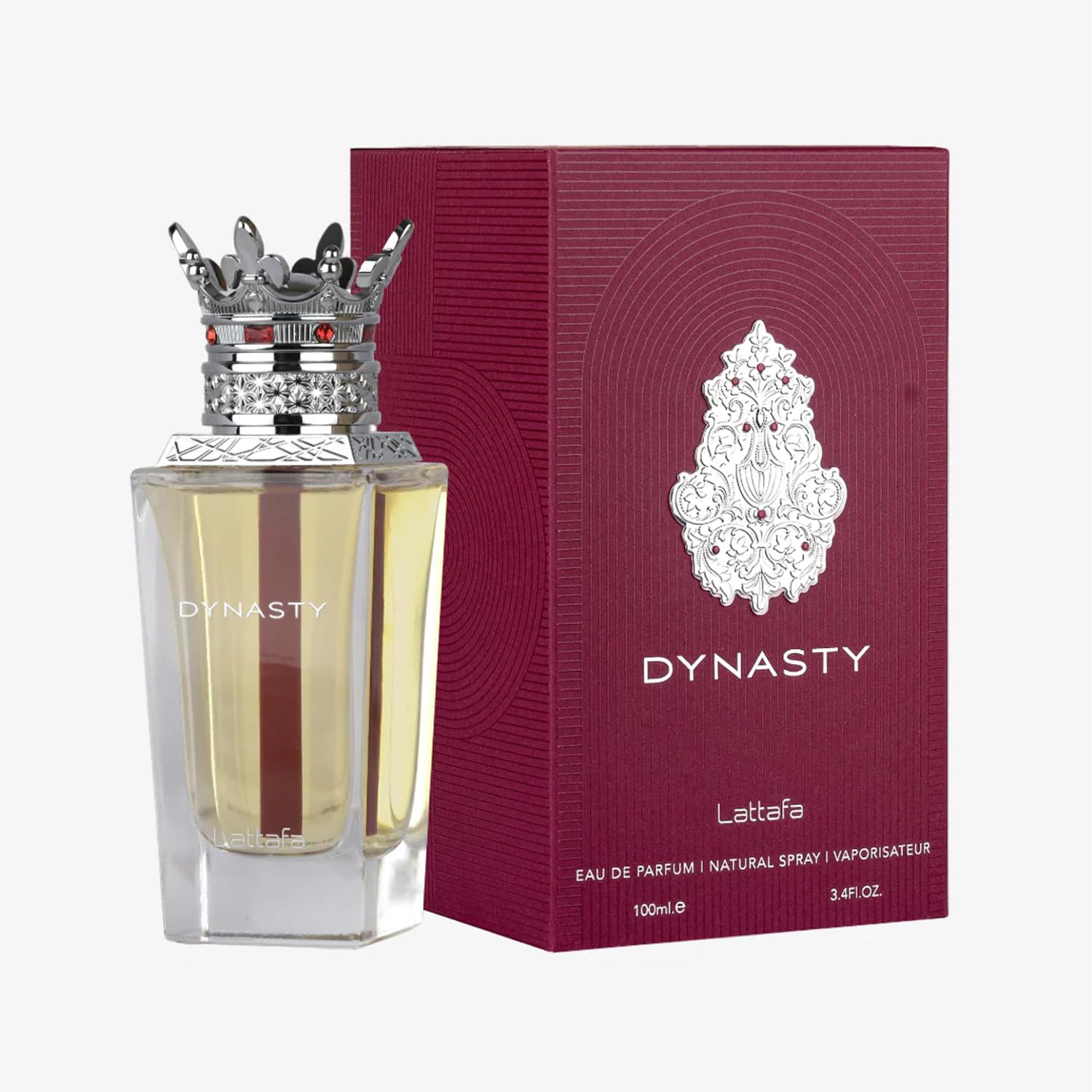 Lattafa Dynasty luxury perfume crown shaped metallic cap jewel detailing close up