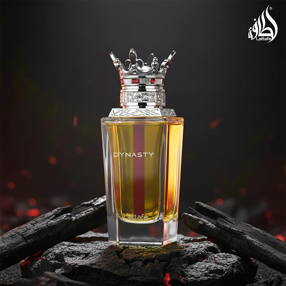 Lattafa Dynasty woody and spicy aromatic unisex perfume bottle on display
