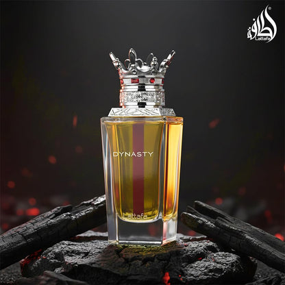 Lattafa Dynasty woody and spicy aromatic unisex perfume bottle on display