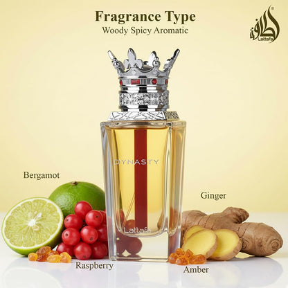 Lattafa Dynasty elegant unisex fragrance spray bottle for spring and summer wear