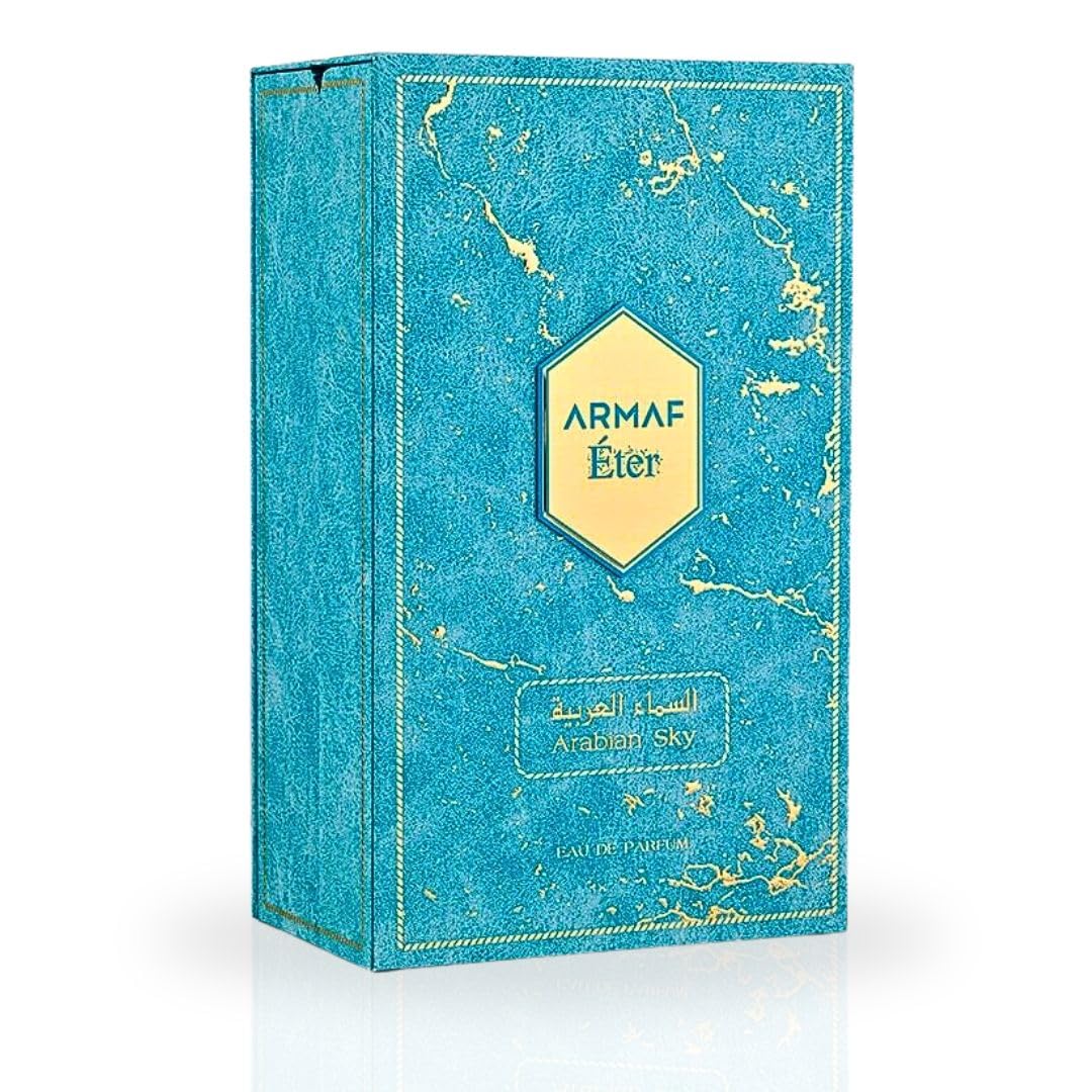Vibrant blue textured bottle of Armaf Eter Arabian Sky 3.4 Ounce fragrance