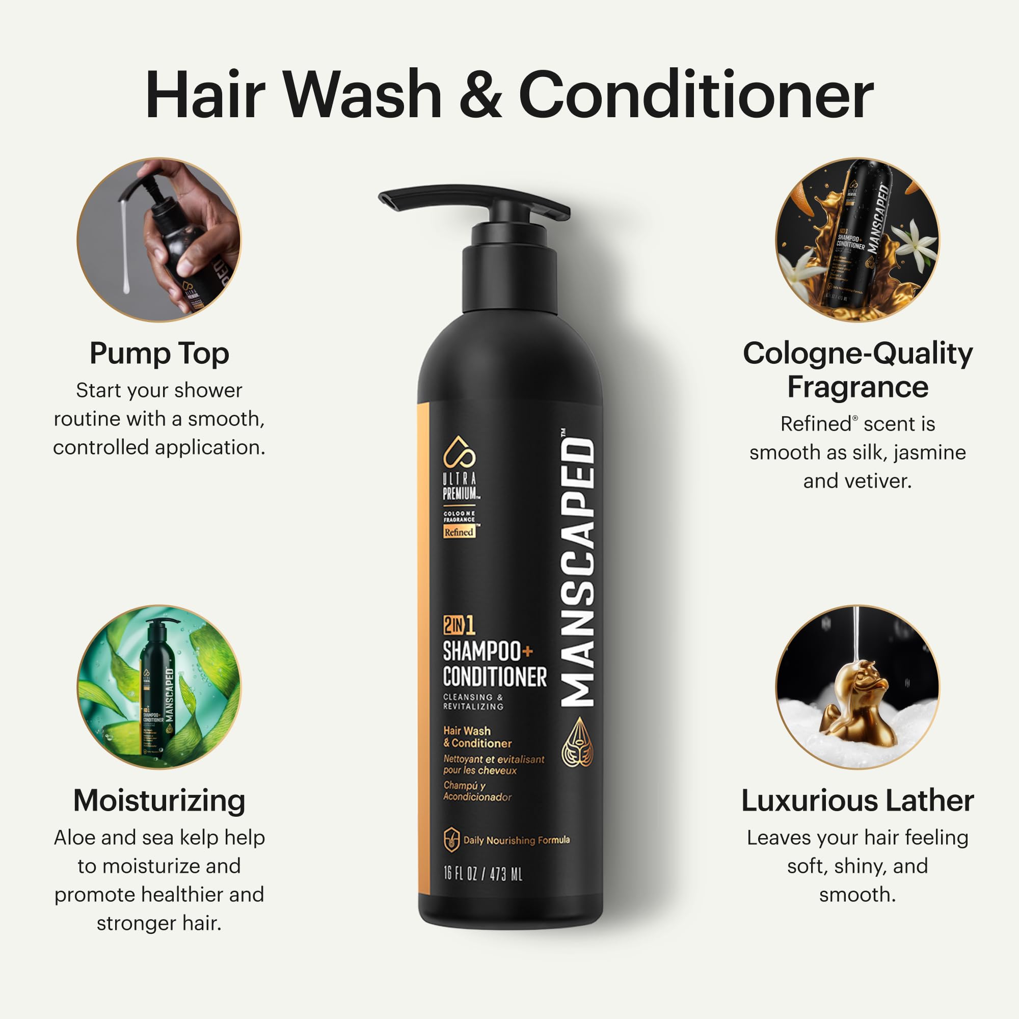 Manscaped 2-in-1 shampoo bottle showing sea kelp and coconut water ingredients
