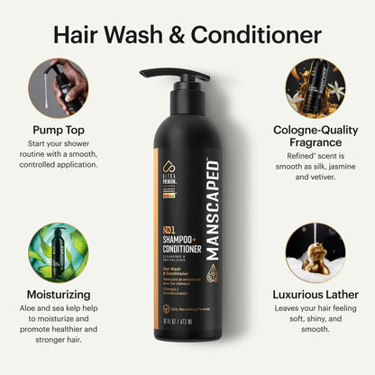 Manscaped 2-in-1 shampoo bottle showing sea kelp and coconut water ingredients