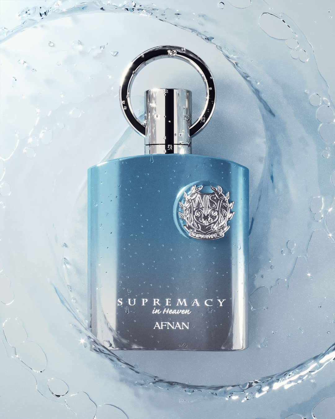 Side angle view of the light blue gradient design of the authentic Afnan unisex perfume.