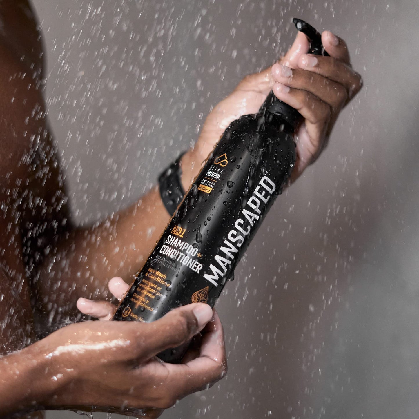 Manscaped shampoo and conditioner bottle in a modern bathroom setting