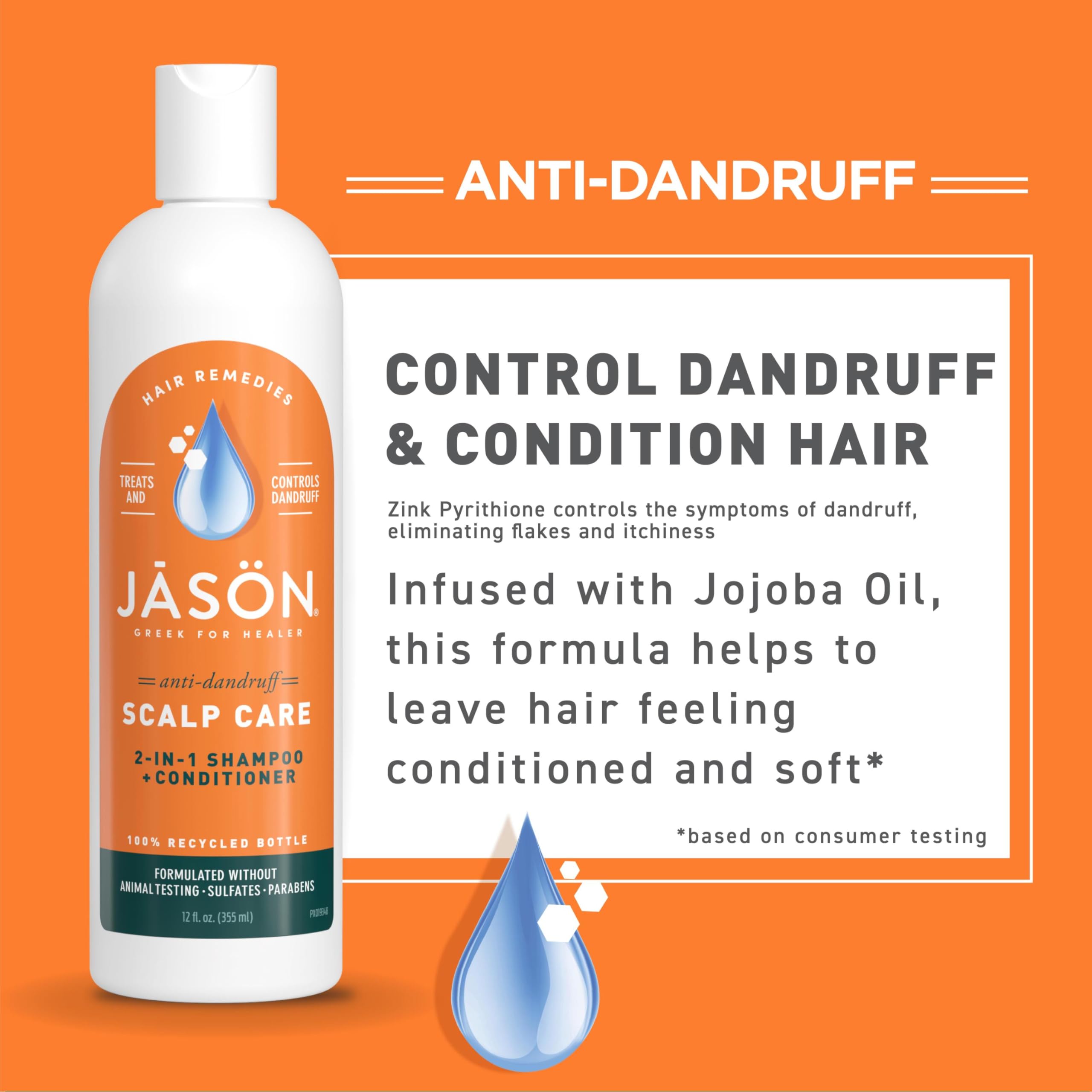Jason personal care dandruff relief shampoo and conditioner highlighting pyrithione zinc ingredient badge