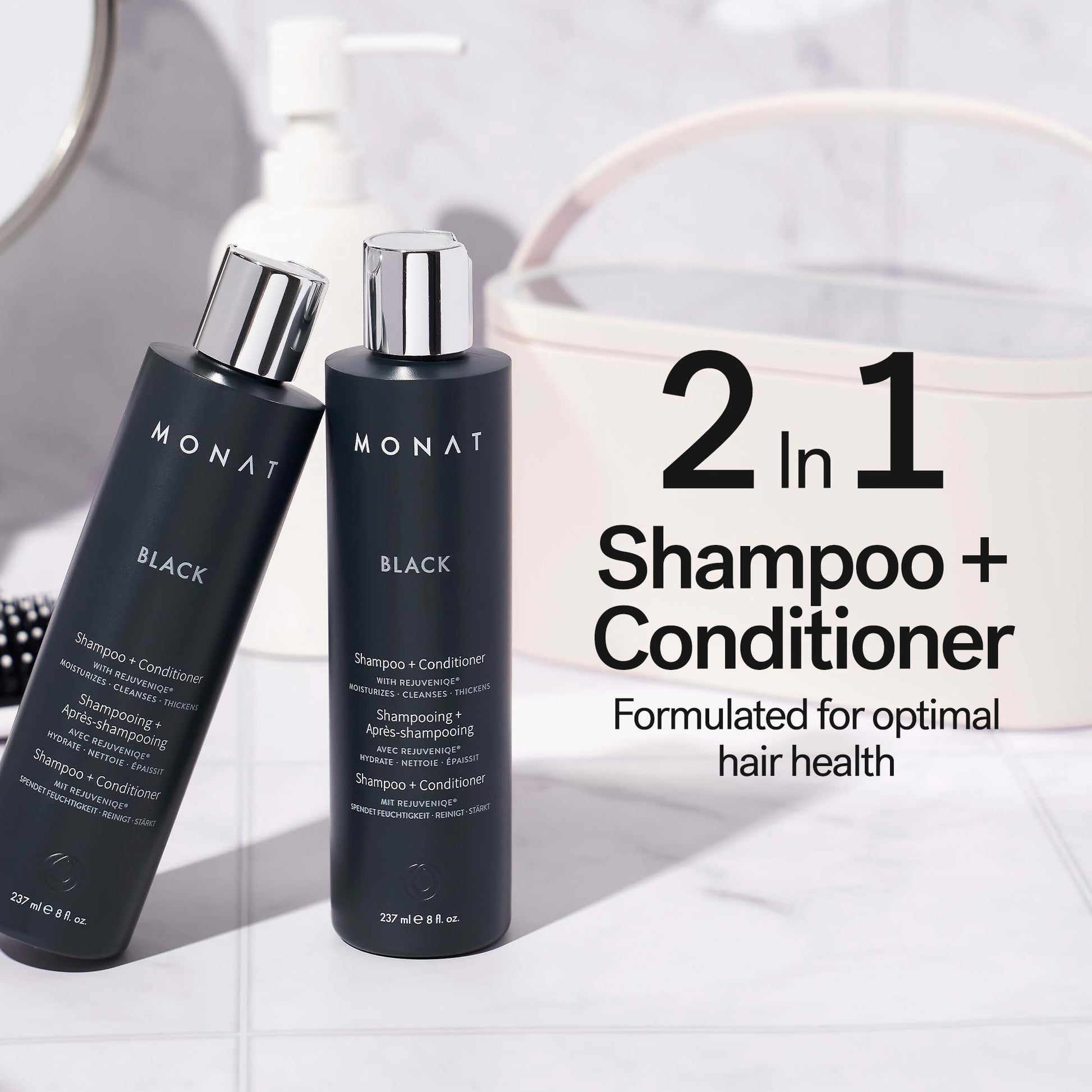 MONAT Black 2 in 1 Shampoo plus Conditioner fluid ounces packaging back labels showing ingredients