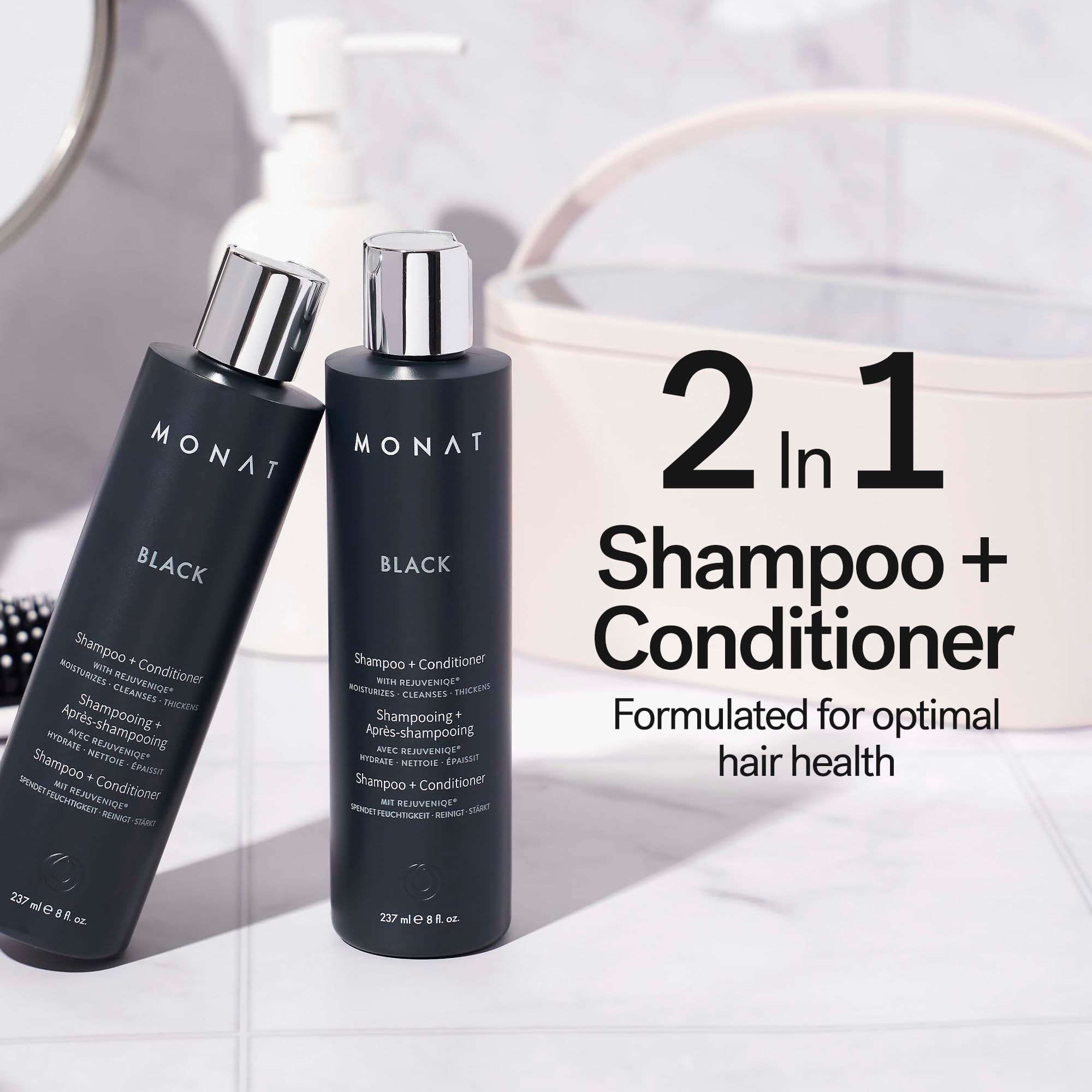 MONAT Black 2 in 1 Shampoo plus Conditioner fluid ounces packaging back labels showing ingredients