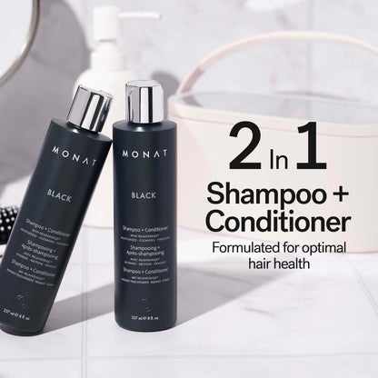 MONAT Black 2 in 1 Shampoo plus Conditioner fluid ounces packaging back labels showing ingredients