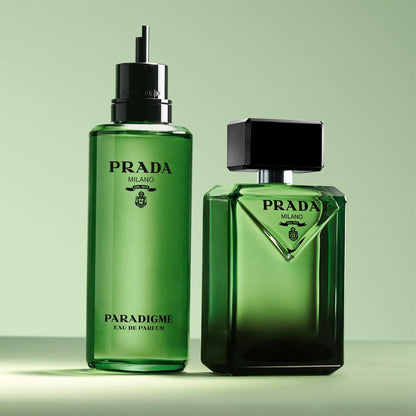 Prada Paradigme Eau De Parfum for men side angle view highlighting green glass clarity
