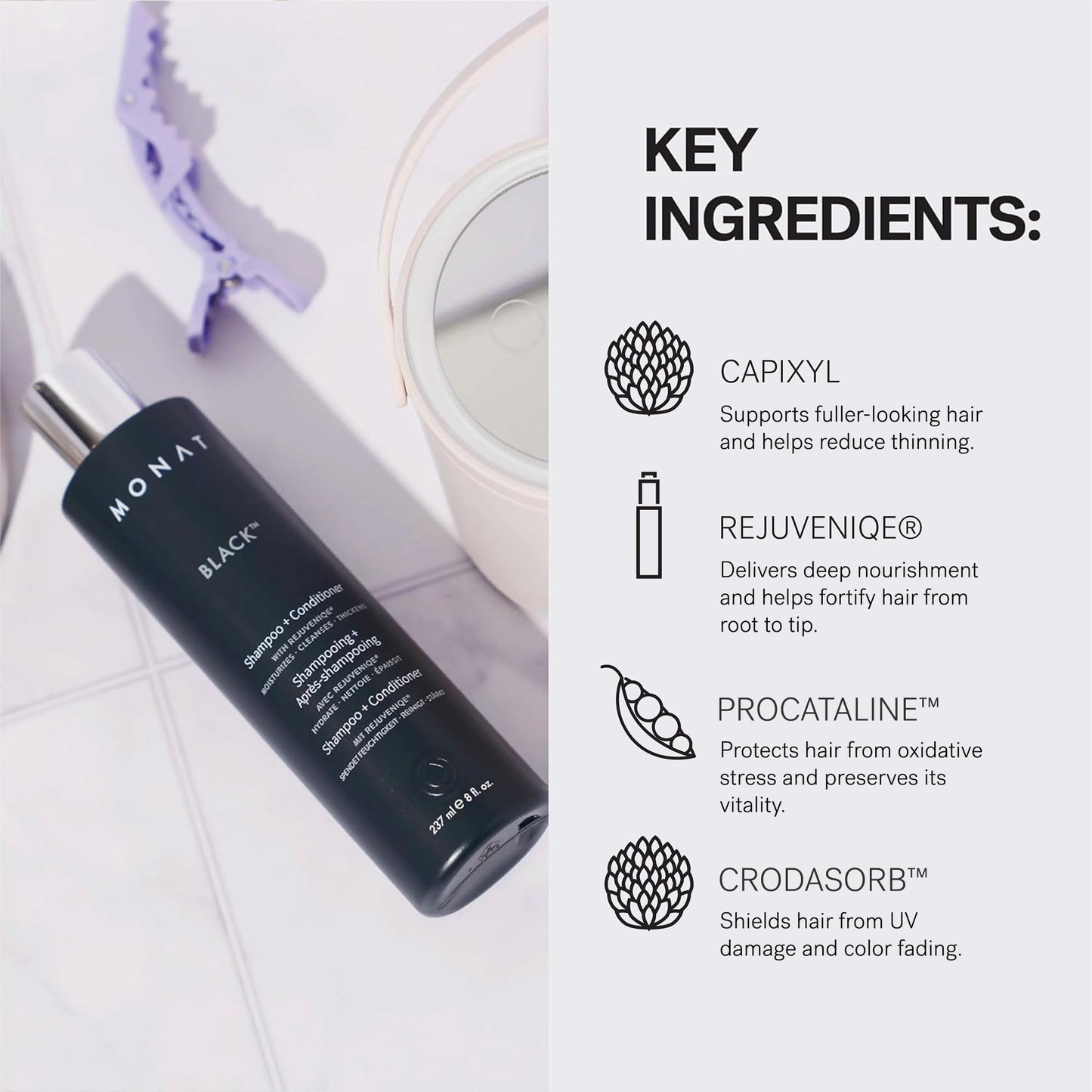 MONAT Black sulfate free natural hair growth treatment bottle showing close up details