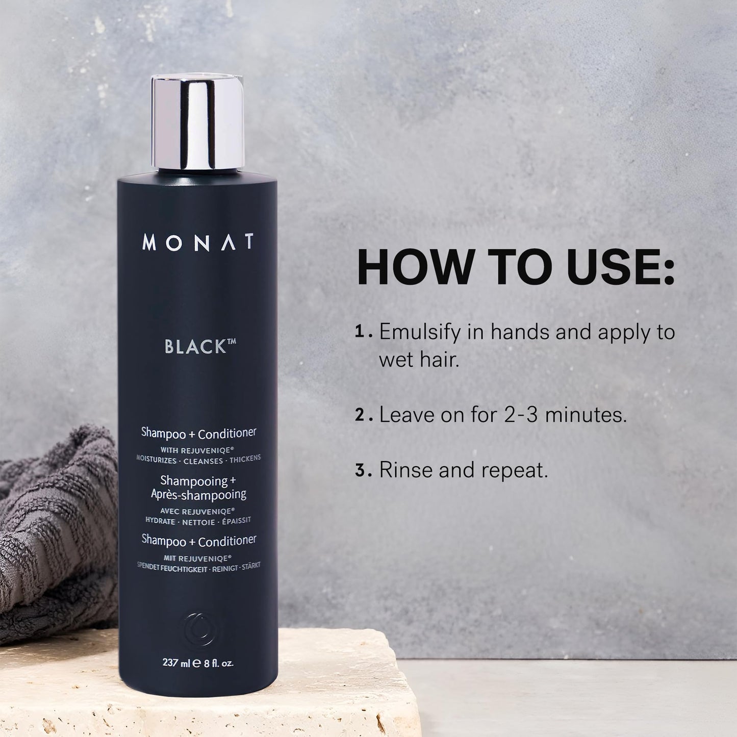 MONAT premium line men grooming dual action shampoo and conditioner bottle presentation