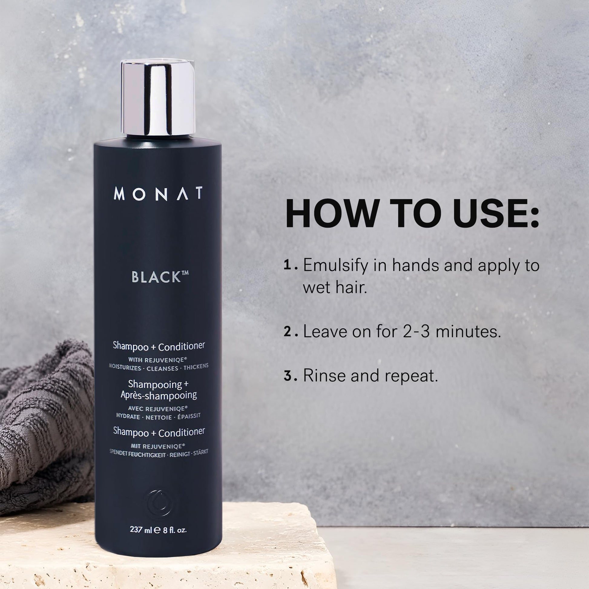 MONAT premium line men grooming dual action shampoo and conditioner bottle presentation