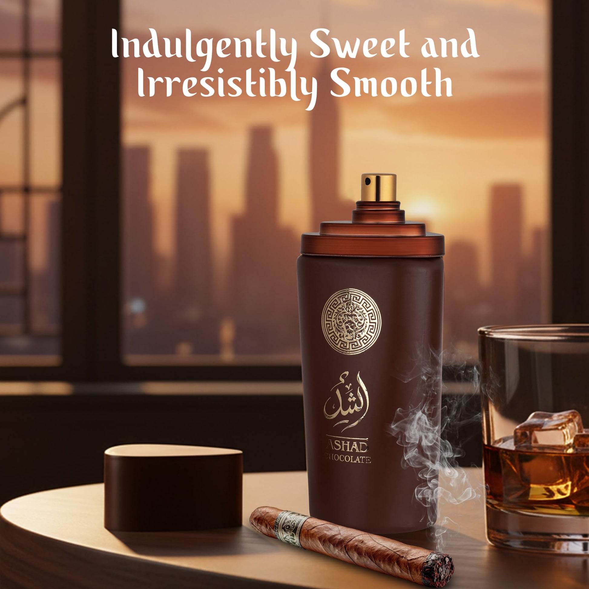 Saadah Ashad Chocolate four ounce masculine luxury bottle close up