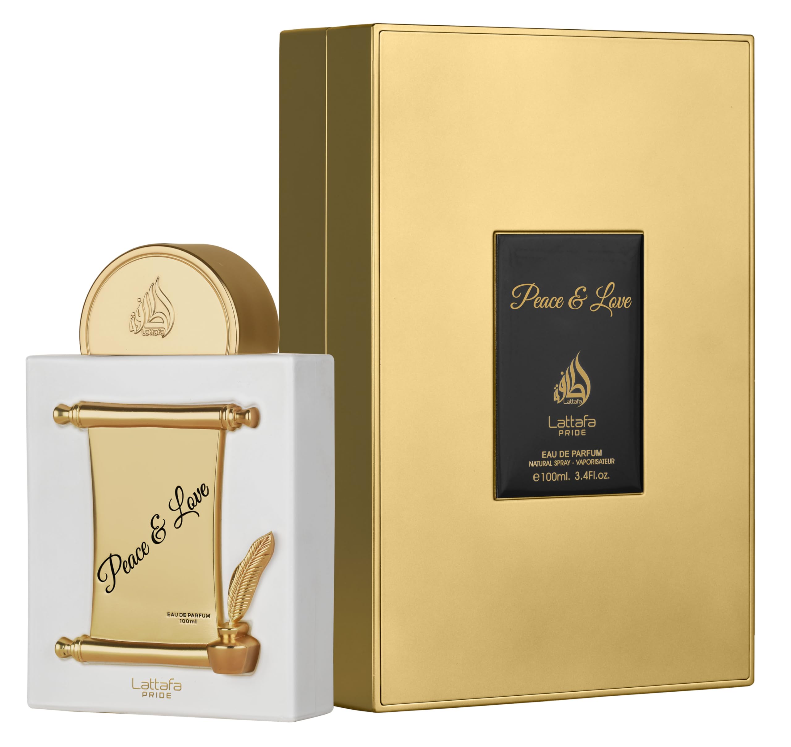 Side angle view of the elegant white Lattafa Pride Peace and Love perfume bottle highlighting its premium oriental formulation.