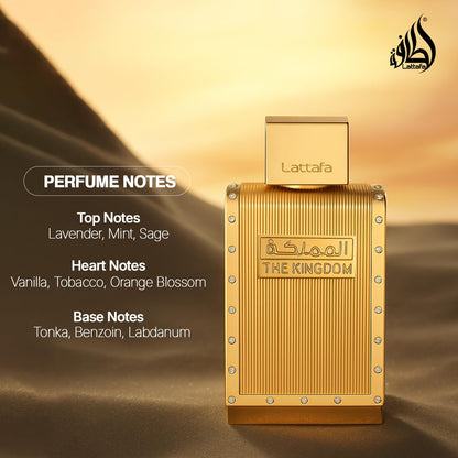 Lattafa The Kingdom 100ml perfume packaging box and bottle
