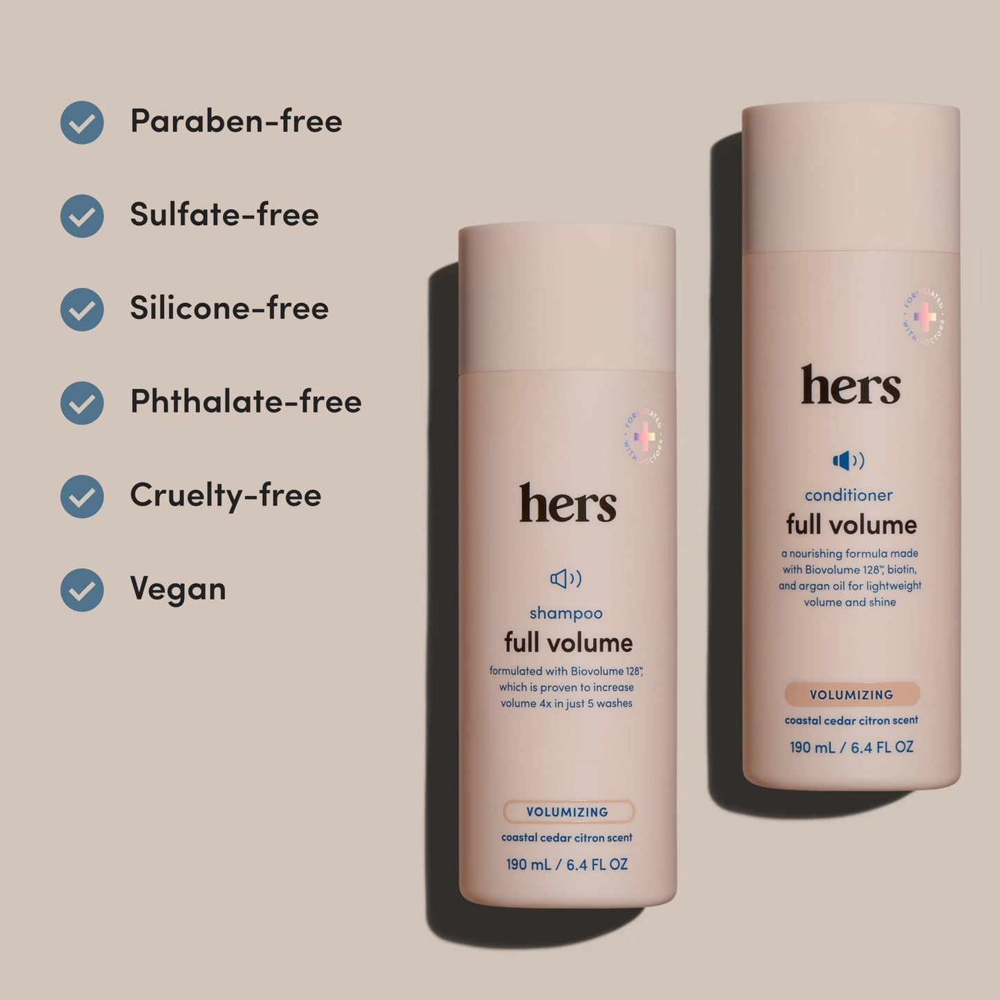 Close up of Hers Biovolume 128 shampoo bottle