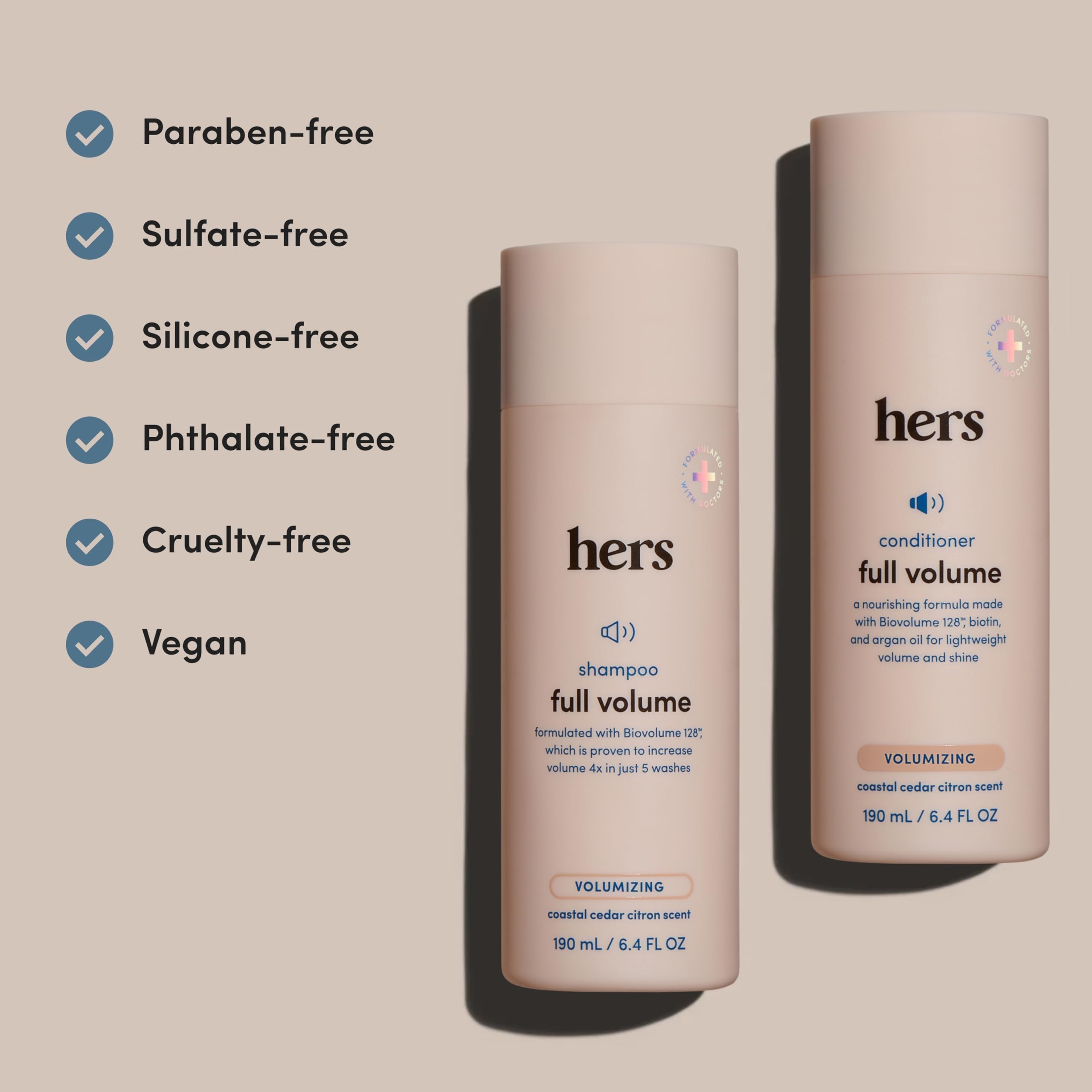 Close up of Hers Biovolume 128 shampoo bottle