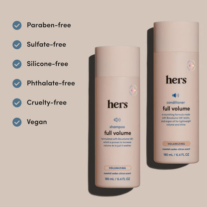 Close up of Hers Biovolume 128 shampoo bottle