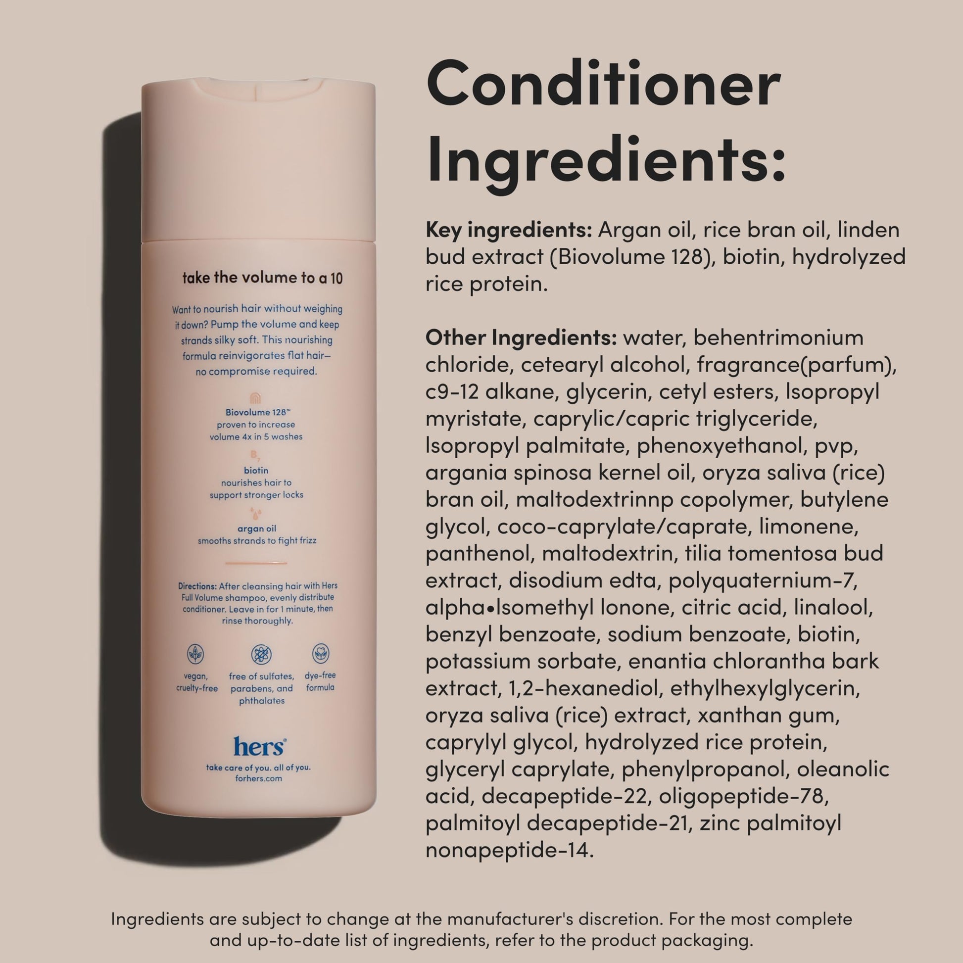 Textured flat lay of Hers shampoo and conditioner bottles