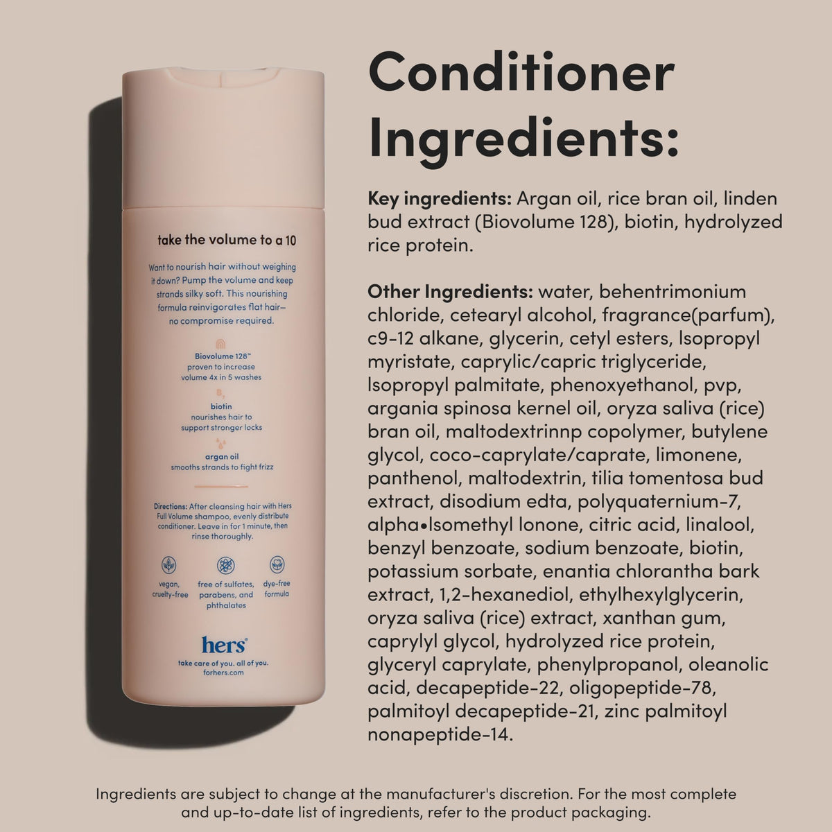 Textured flat lay of Hers shampoo and conditioner bottles