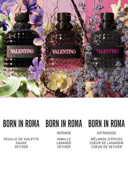 Authentic Valentino Uomo Born In Roma Intense fragrance bottle resting next to its retail packaging box.