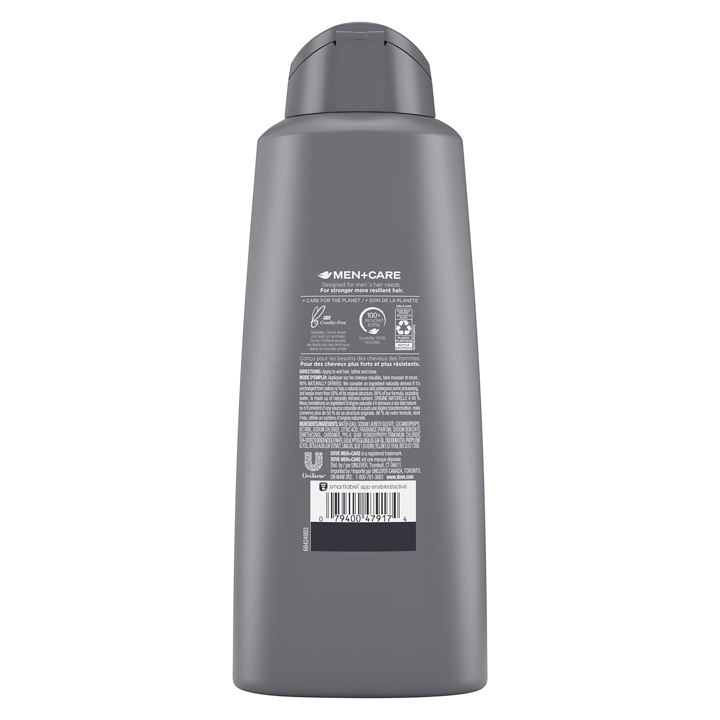 Close up of Dove Men Plus Care 2-in-1 bottle showing Eucalyptus and Birch labeling