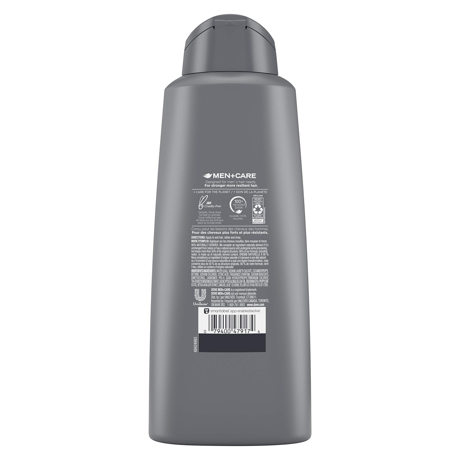 Close up of Dove Men Plus Care 2-in-1 bottle showing Eucalyptus and Birch labeling