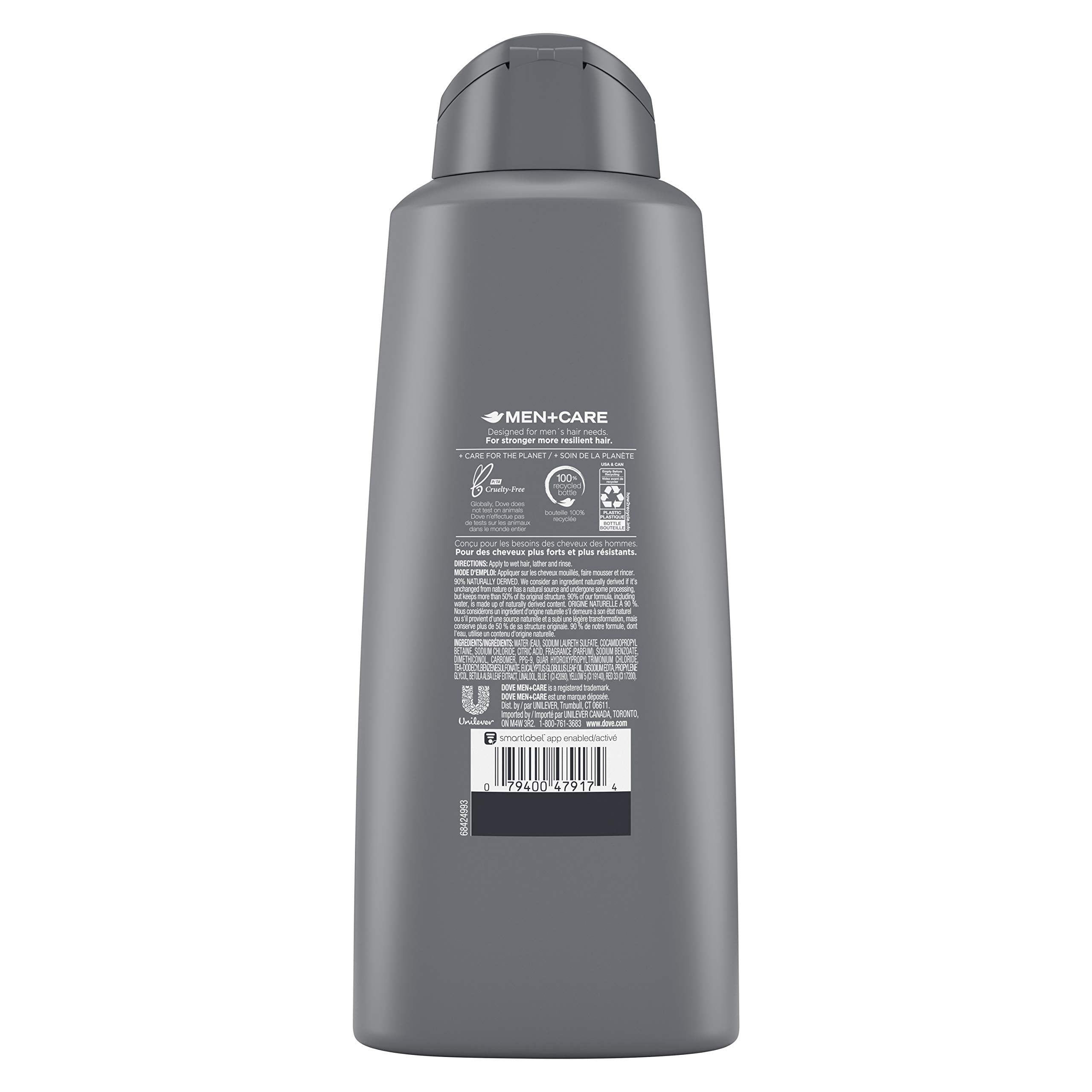 Close up of Dove Men Plus Care 2-in-1 bottle showing Eucalyptus and Birch labeling