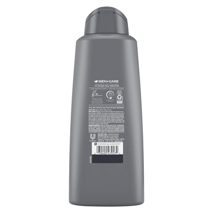Close up of Dove Men Plus Care 2-in-1 bottle showing Eucalyptus and Birch labeling