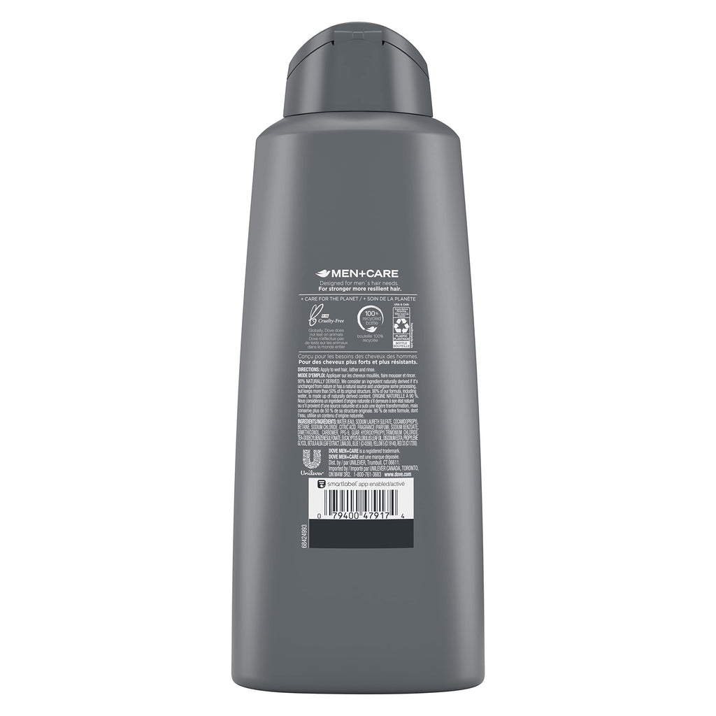 Back of Dove Men Plus Care bottle displaying ingredients and usage instructions