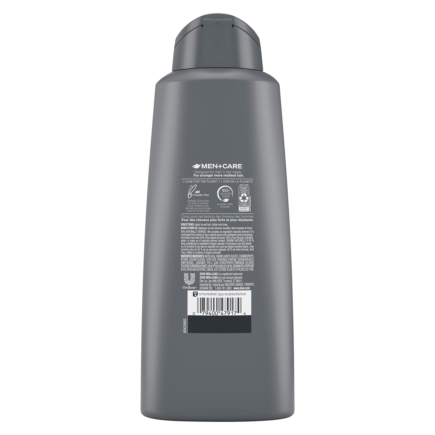 Back of Dove Men Plus Care bottle displaying ingredients and usage instructions