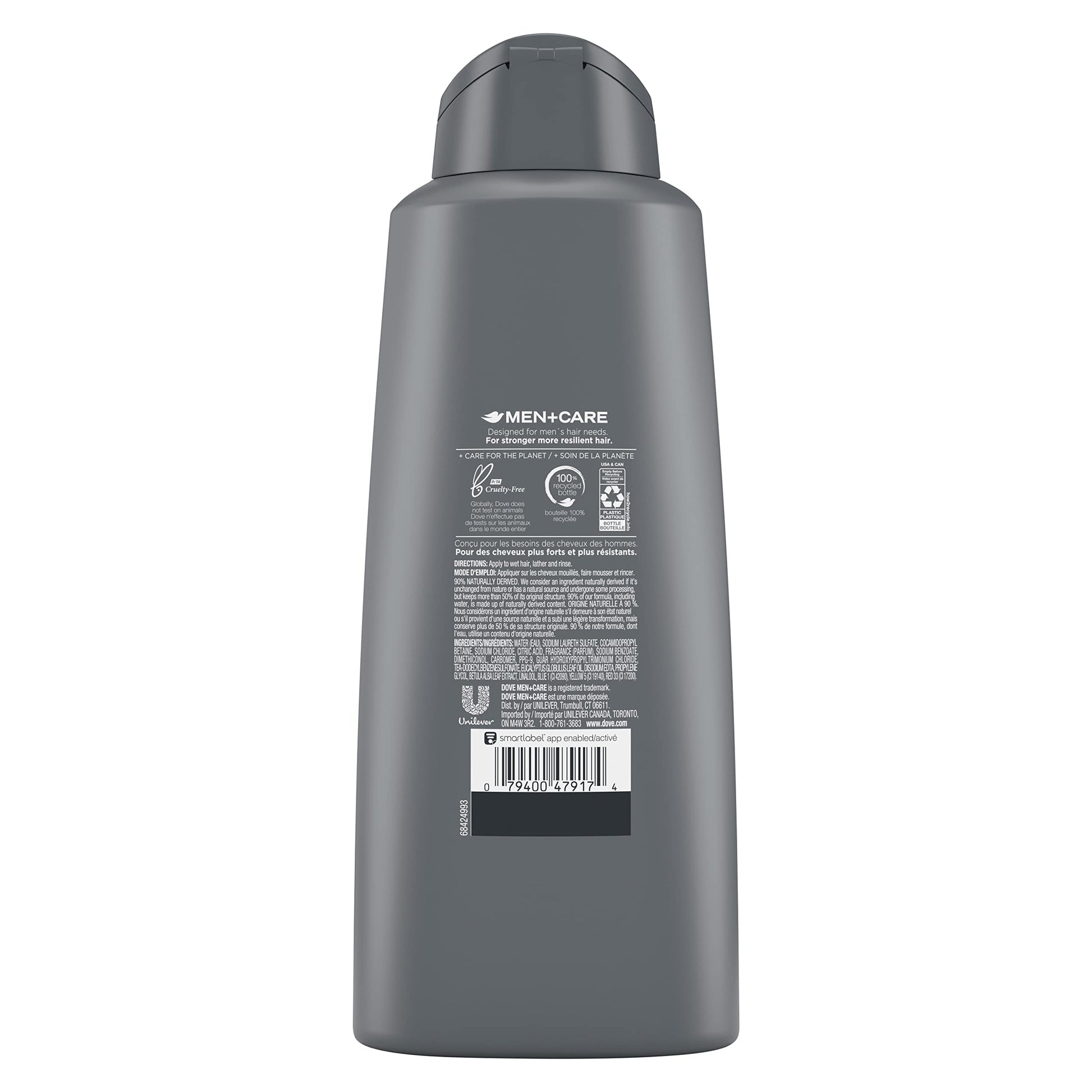 Back of Dove Men Plus Care bottle displaying ingredients and usage instructions