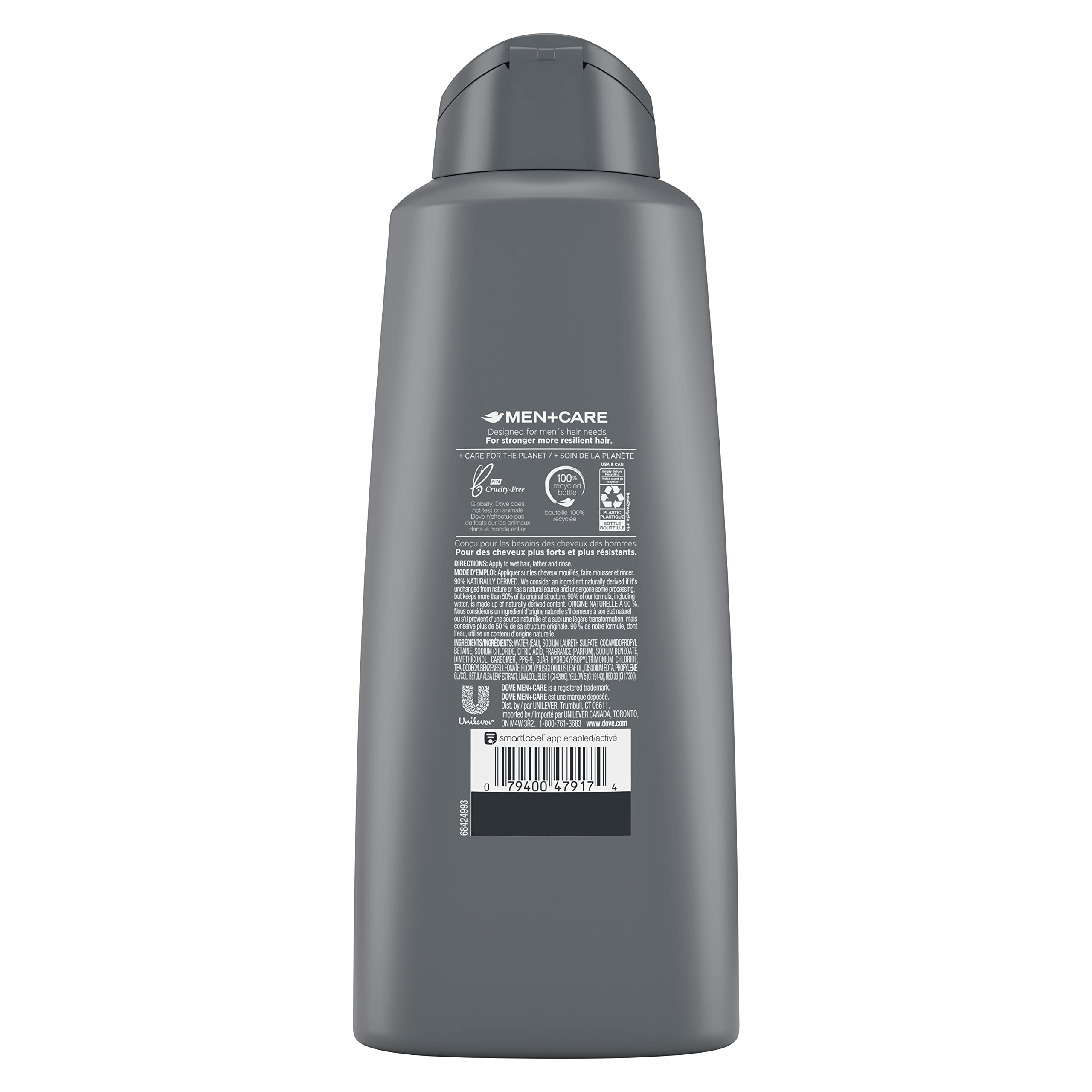 Back of Dove Men Plus Care bottle displaying ingredients and usage instructions
