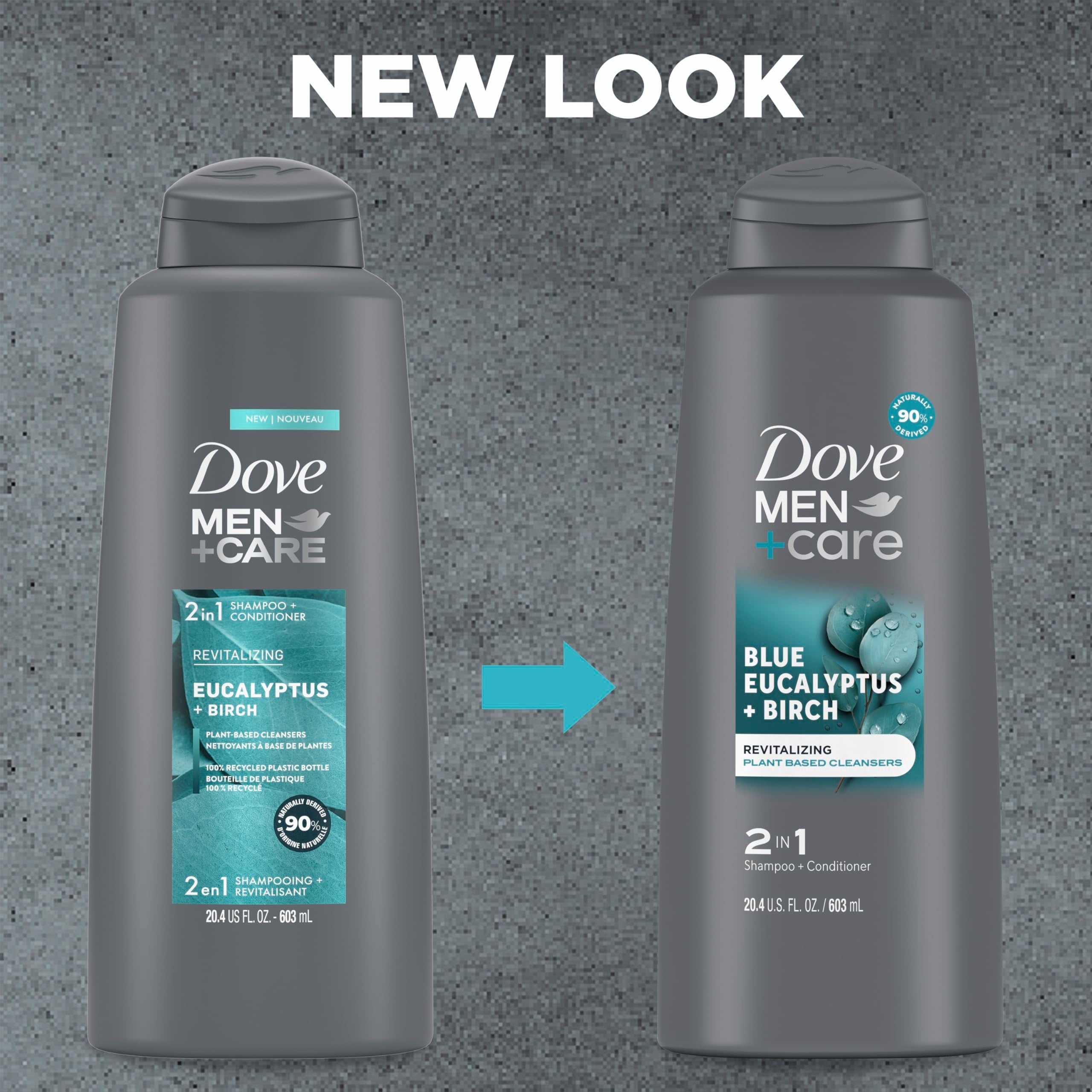 Three bottles of Dove Men Plus Care shampoo and conditioner arranged together