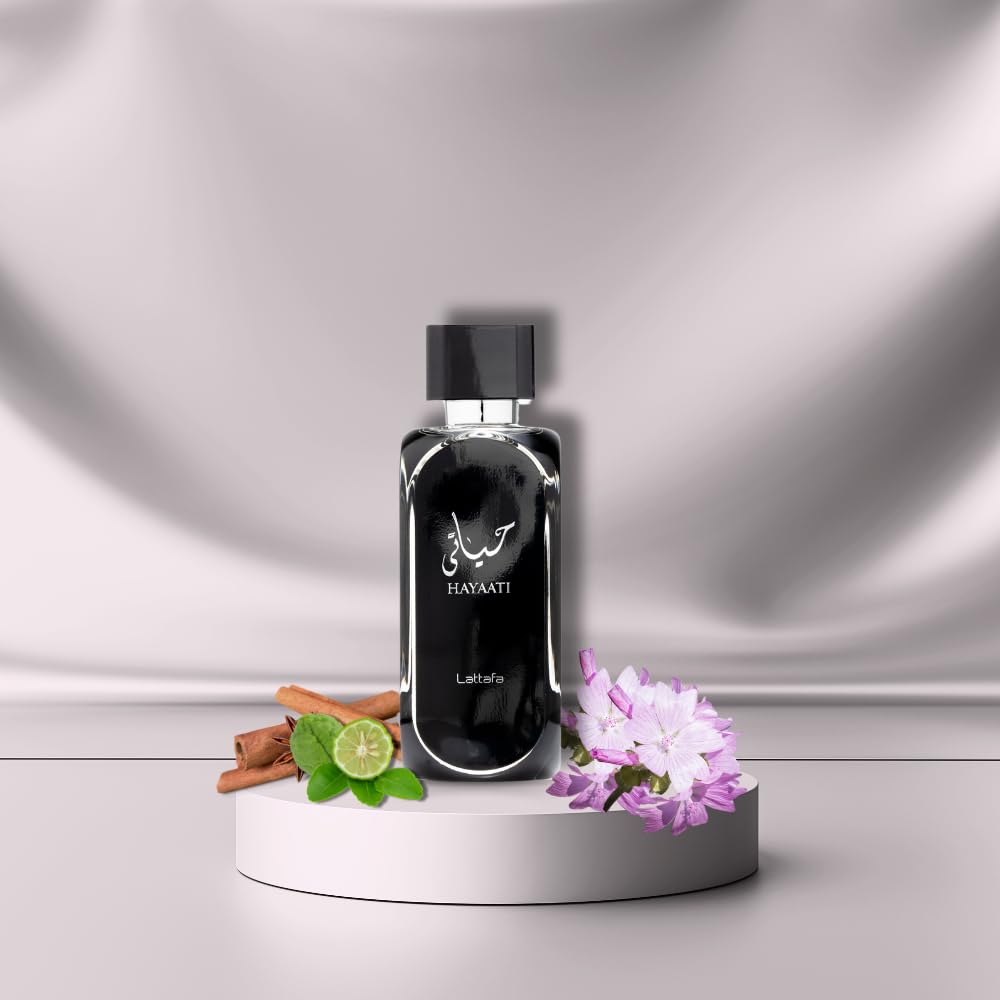 Lattafa Hayaati Black Eau de Parfum spray displaying luxurious black bottle texture