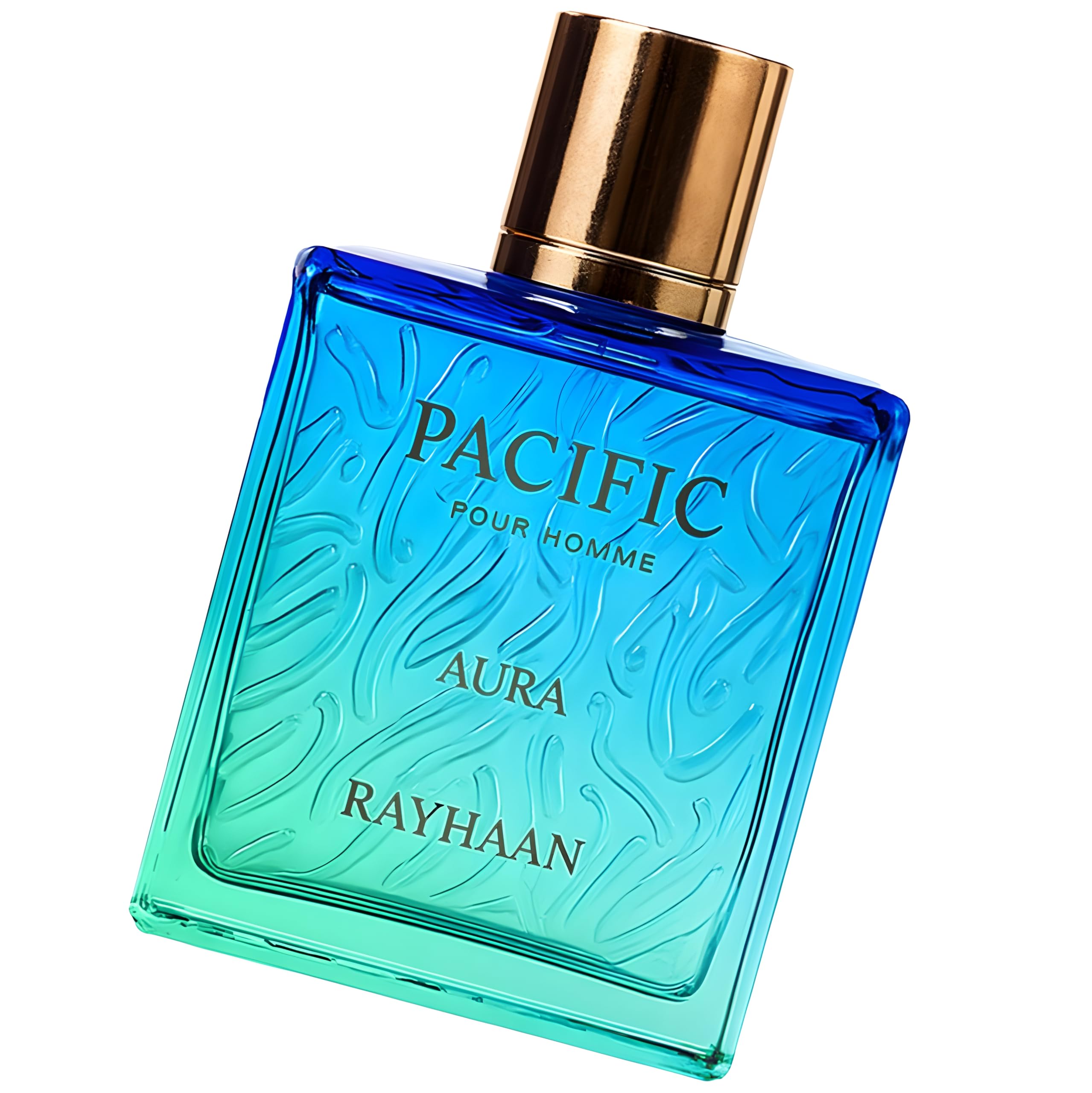 Rayhaan Pacific Aura men's cologne highlighting the aquatic blue ombre packaging box