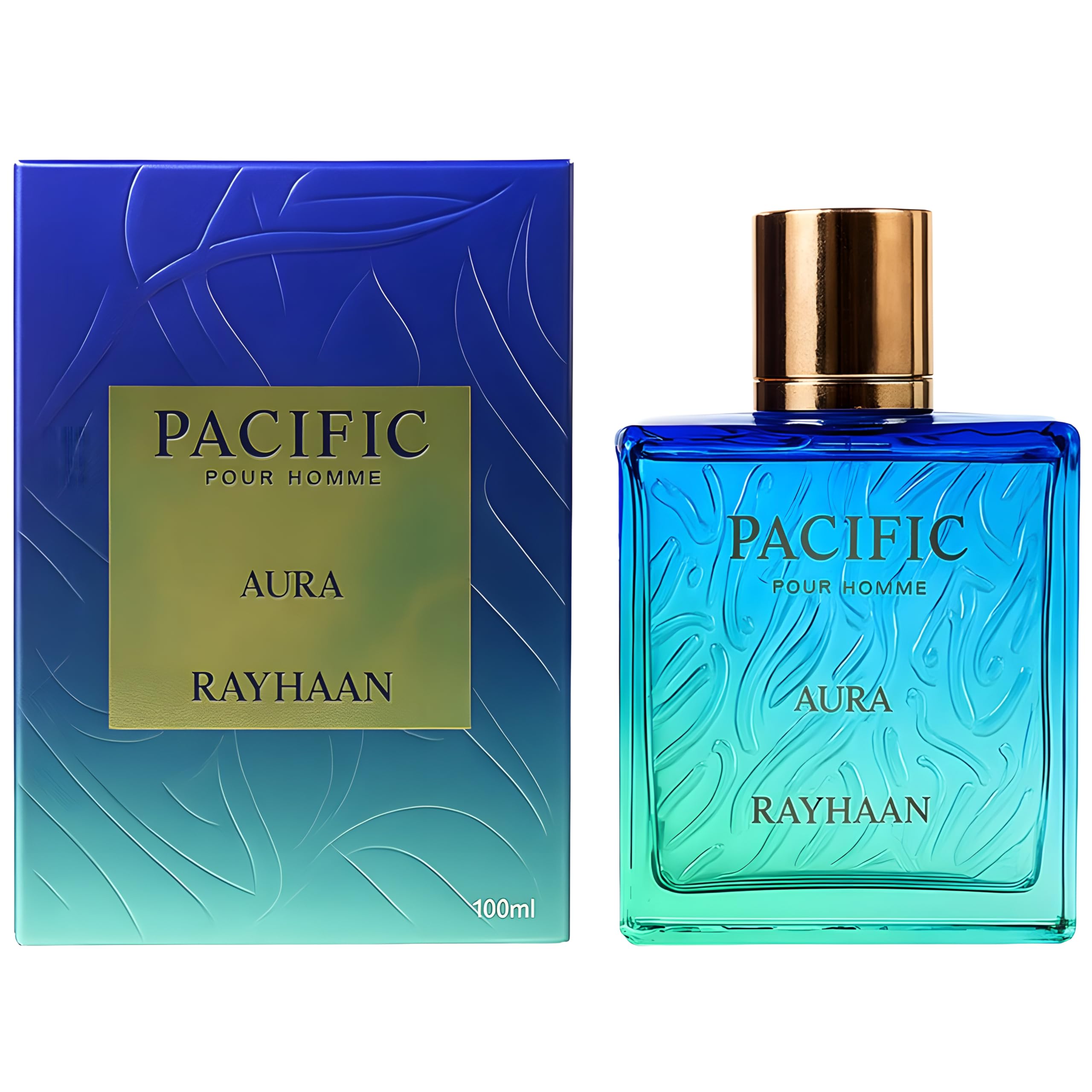 Rayhaan Pacific Aura aromatic aquatic perfume bottle angled to display product branding