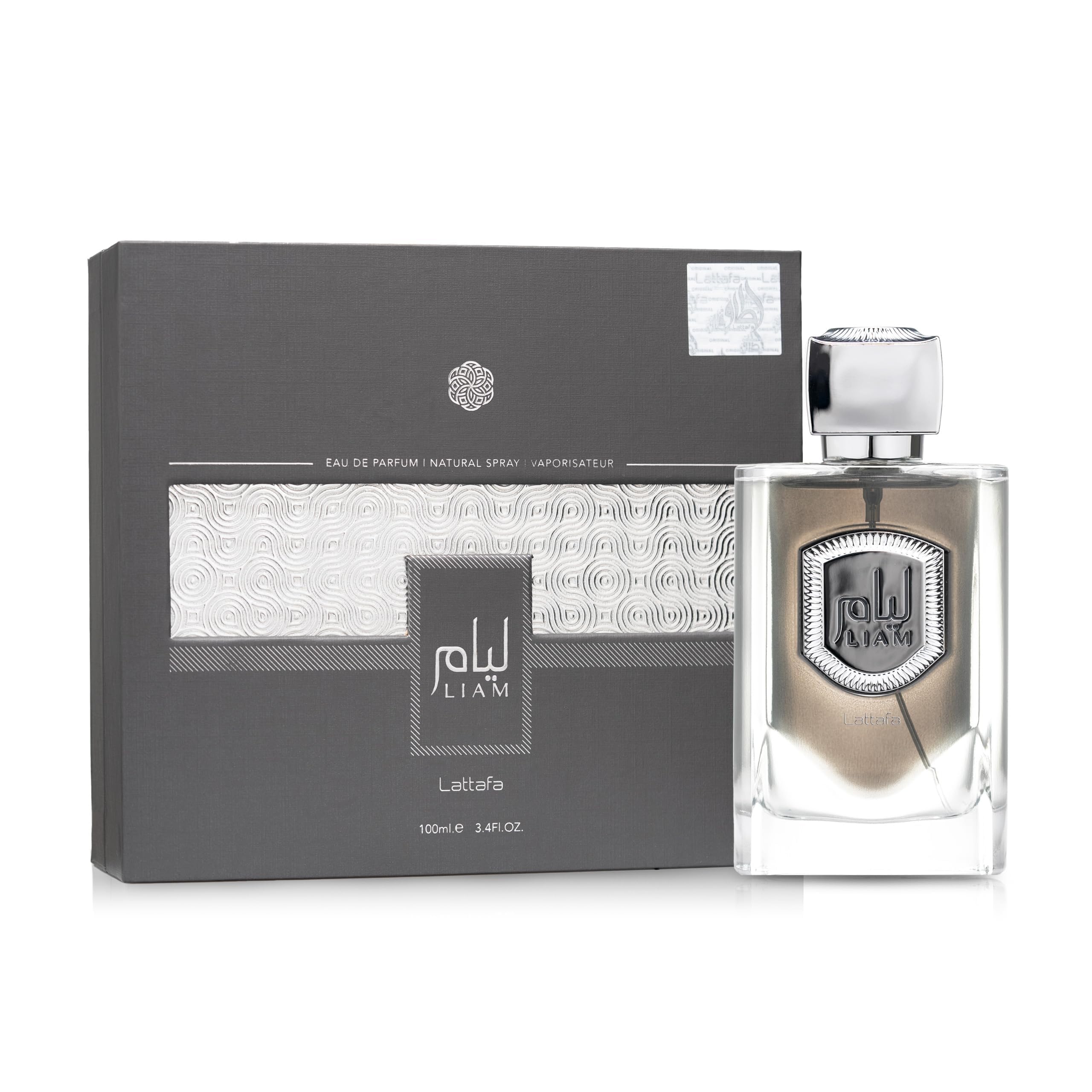 Authentic Lattafa Liam Grey perfume spray box packaging back details with barcode