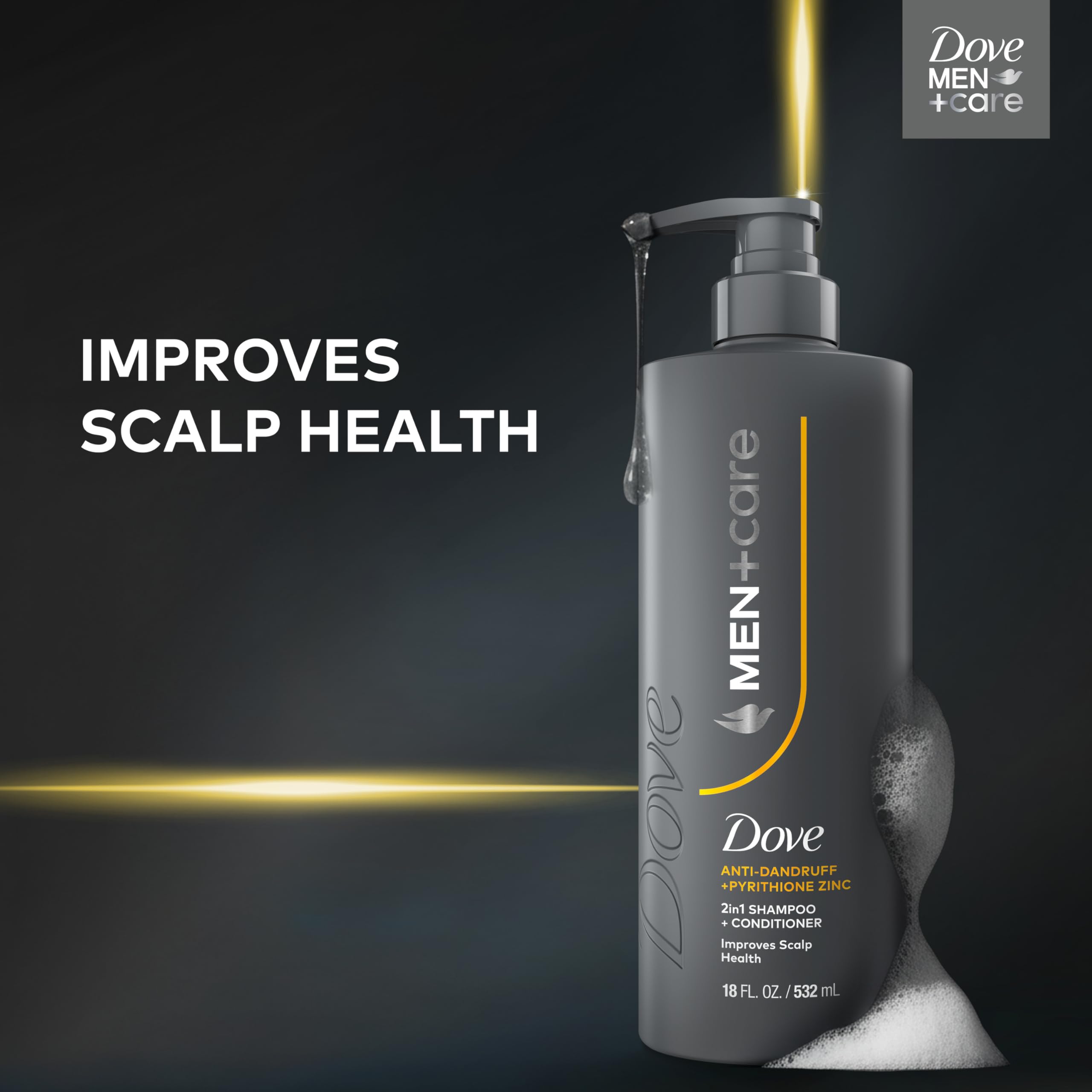 Close up of Dove Men Plus Care branding and 2-in-1 label