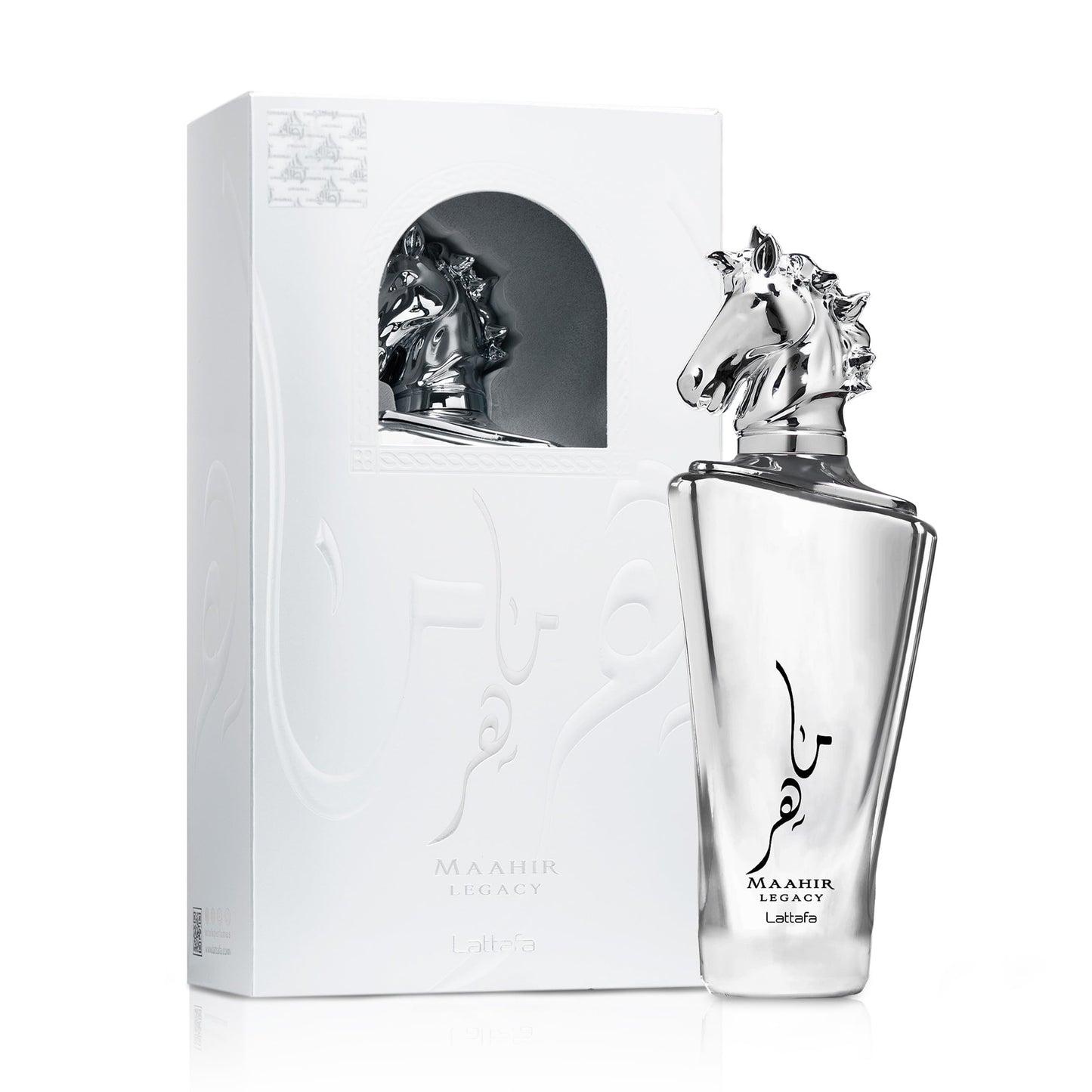 Authentic Lattafa Maahir Legacy luxury perfume bottle standing upright against a clean background