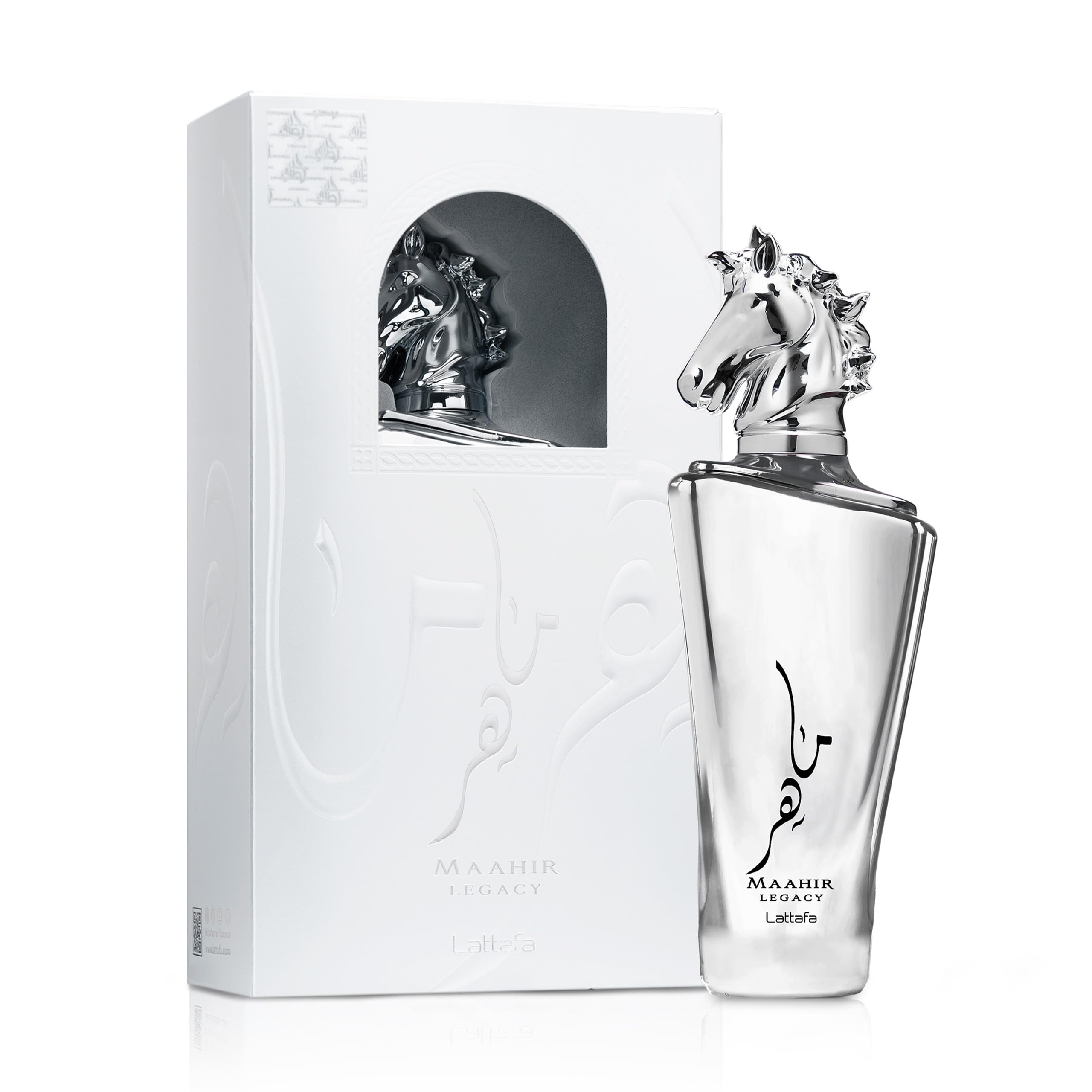 Authentic Lattafa Maahir Legacy luxury perfume bottle standing upright against a clean background