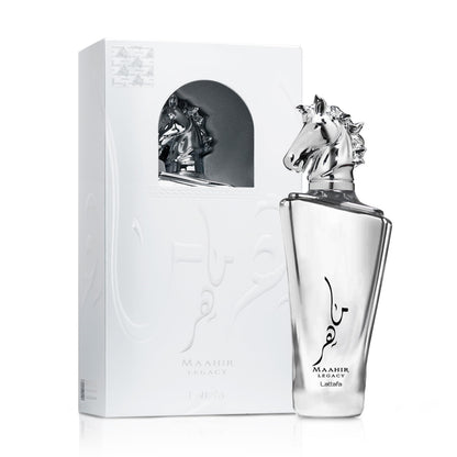 Authentic Lattafa Maahir Legacy luxury perfume bottle standing upright against a clean background