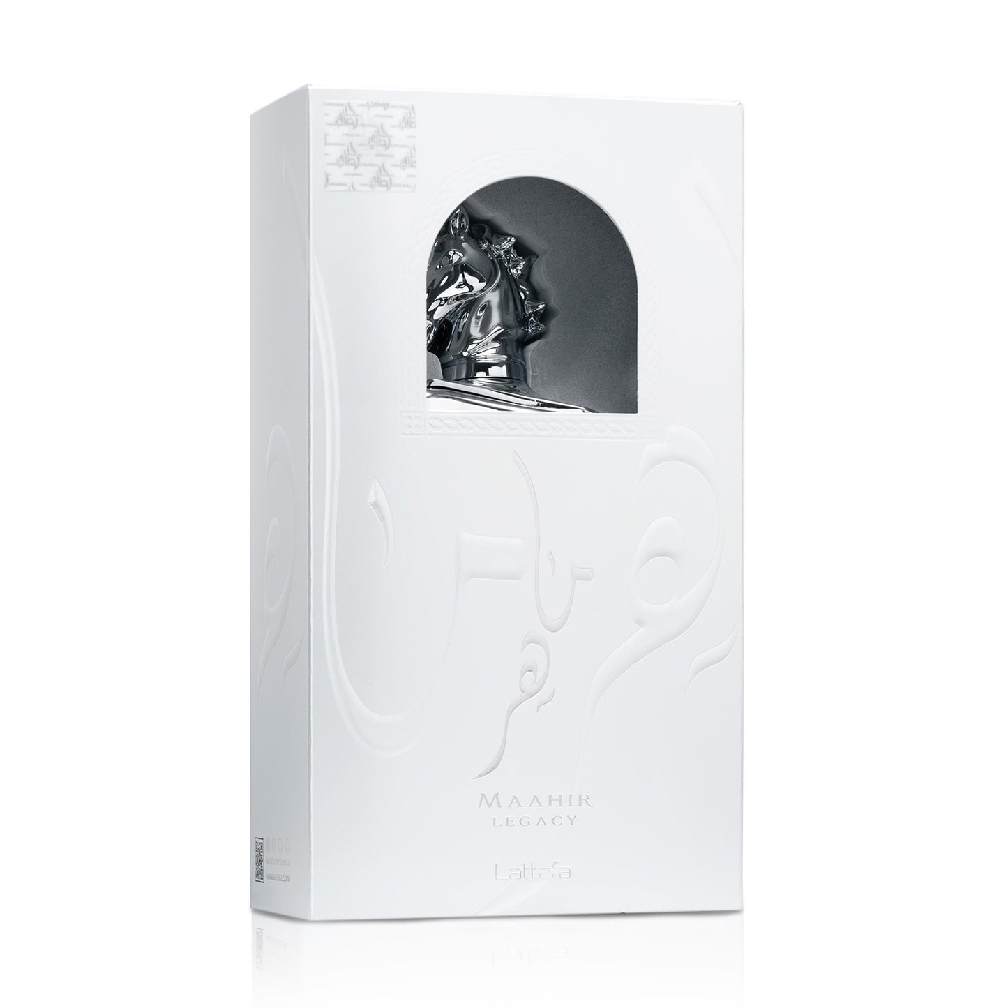 Premium silver bottle of Maahir Legacy by Lattafa showcasing intricate engraved details