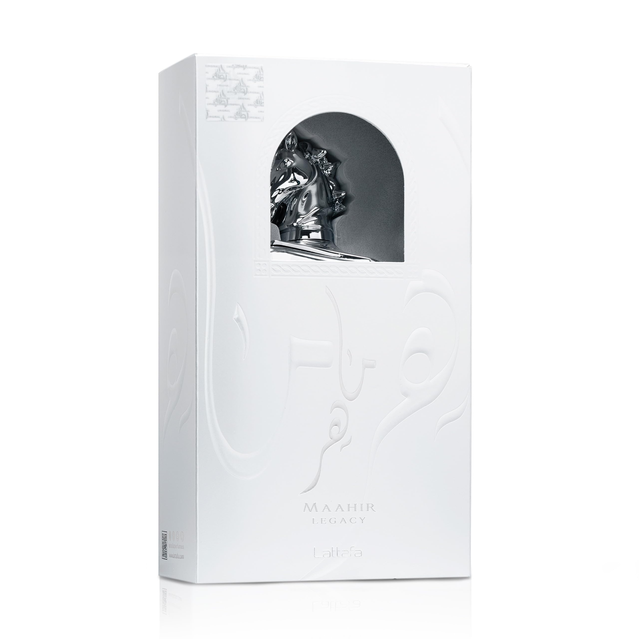 Premium silver bottle of Maahir Legacy by Lattafa showcasing intricate engraved details