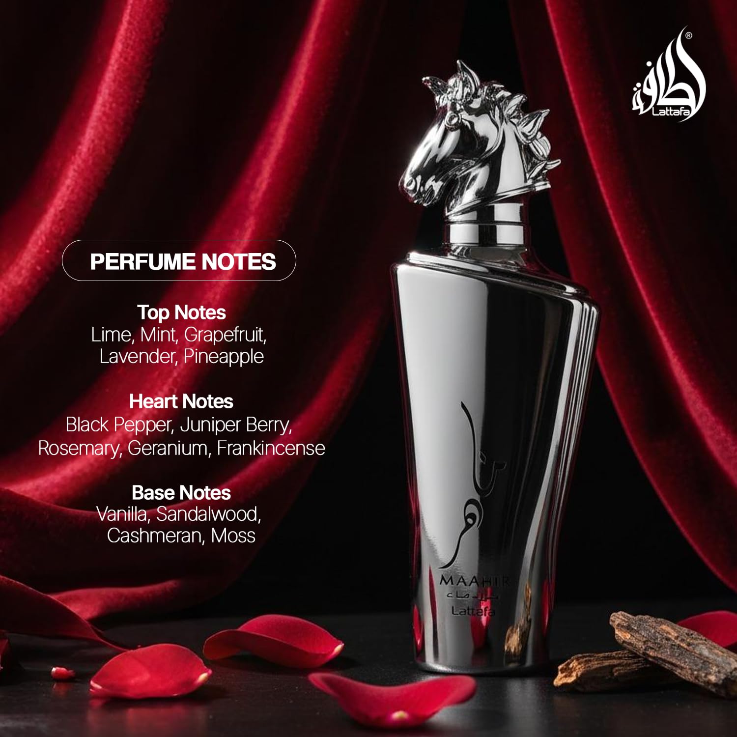 Lattafa Maahir Legacy long lasting mens fragrance showing the detailed horse head design topper