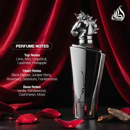 Lattafa Maahir Legacy long lasting mens fragrance showing the detailed horse head design topper
