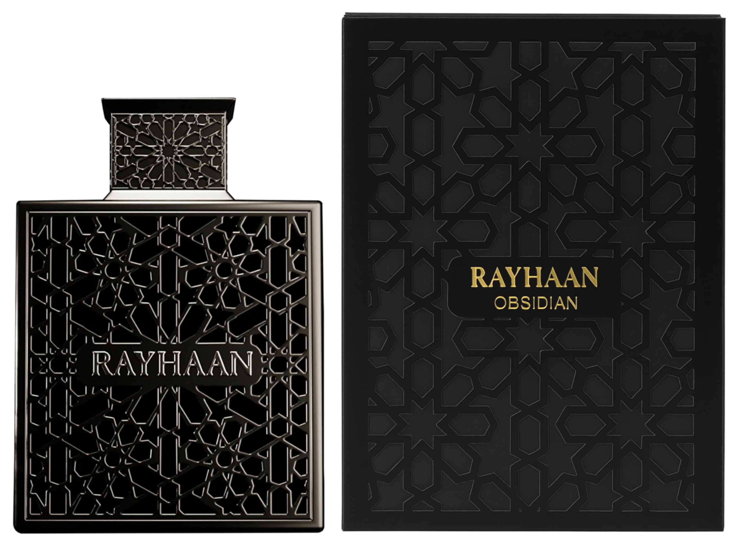 Rayhaan Obsidian 100 millilitres masculine fragrance showcasing the dark metal bottle with geometric lattice pattern