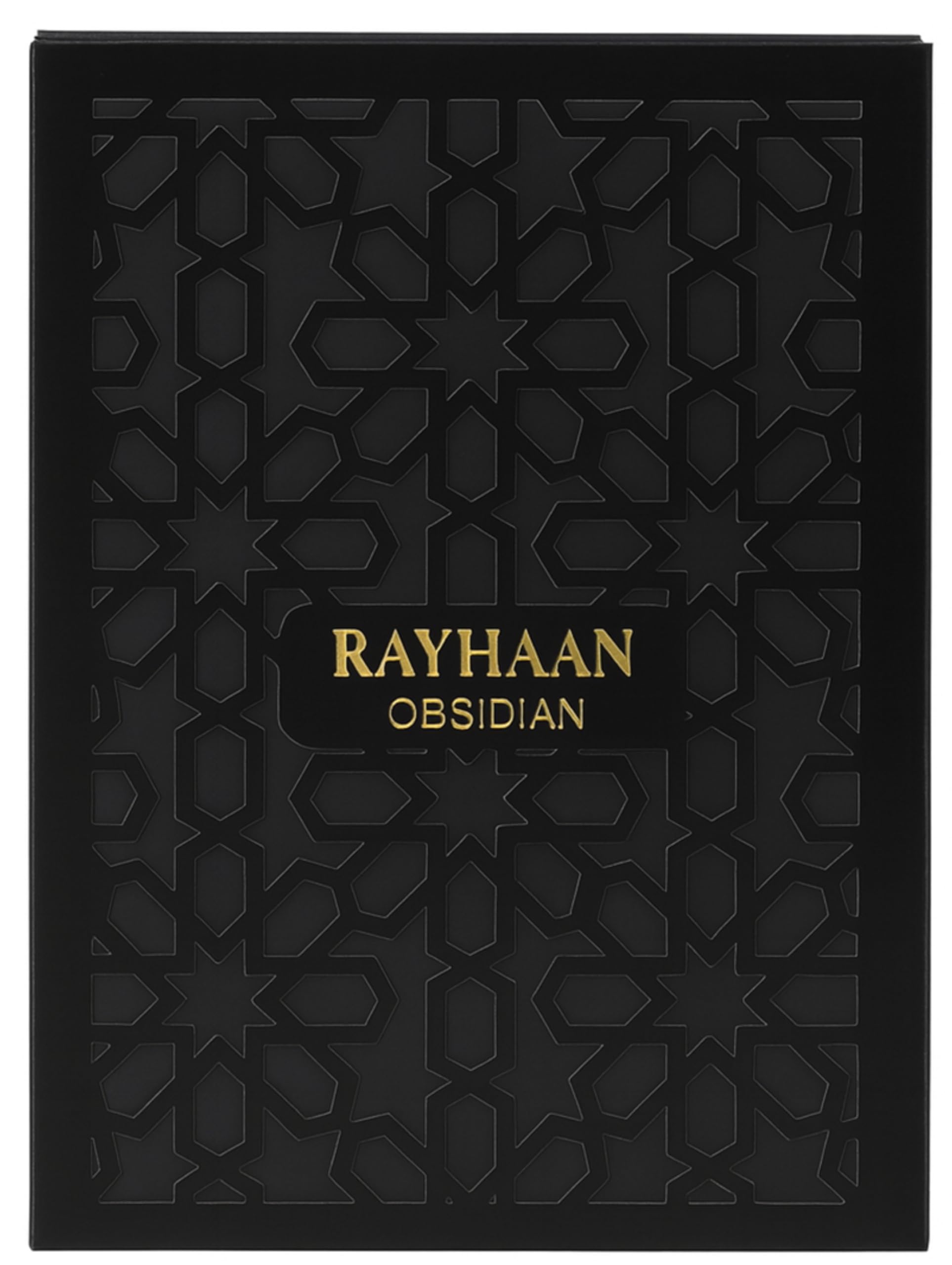Rayhaan Obsidian premium woody spicy and amber mens perfume top notes of iris and citrus display