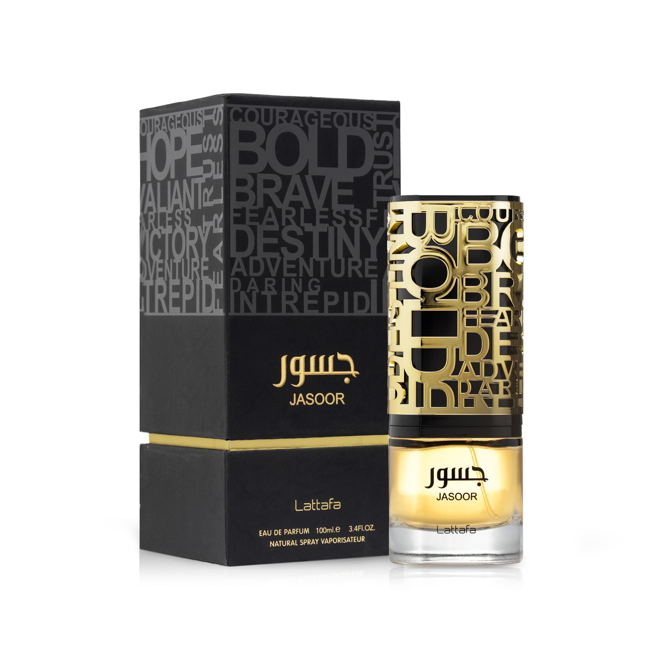 Lattafa Jasoor 100ml perfume spray bottle showcasing premium design details